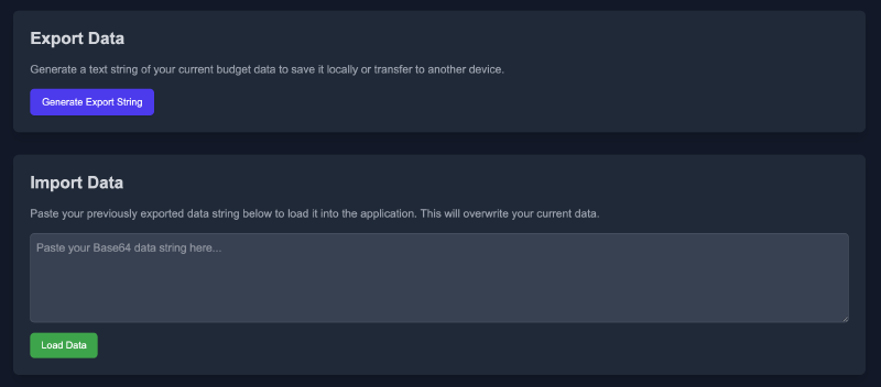 A screenshot of FinHome’s export and import data function